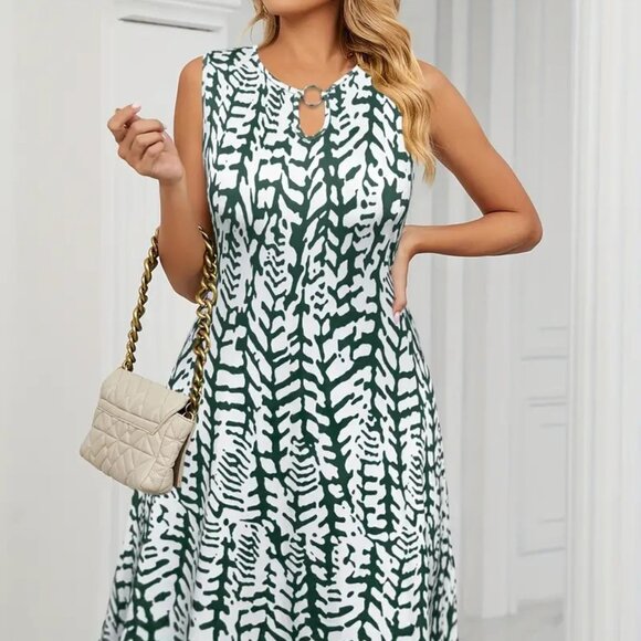 Women's Plus Size Allover Print Keyhole Elegant Summer Beach Tank Dress 20W -24W - Picture 1 of 11